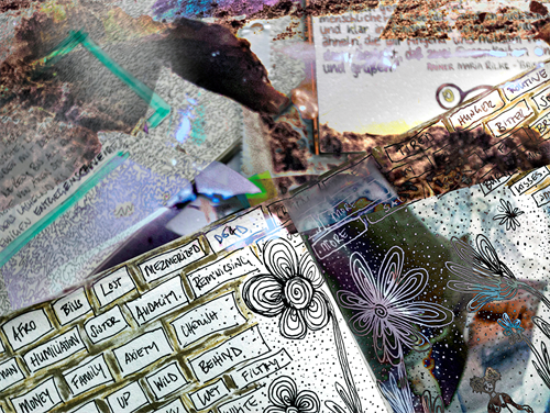 The picture is a collage: from the lower left corner runs a handwritten document reaching to the upper right. On it you can see keywords in boxes with black handwritten writing on a white background, outlined in black. There it says, for example, "Afro", "Lost", "wild", "up", "Money". In the center of the document are drawn flowers, a rough fine line sketch. At the top left, a green box can be seen slanted, but the text inside is illegible. Next to it is something that looks like an animal, perhaps a brown bear, but somewhat distorted. Only the head can be seen and the presumed eyes are shining. The background consists of shapes and colors - in the upper left corner there is another box with text, which is also indecipherable
